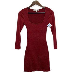 Row A Womens Sz S Square Neckline Long Sleeve Smocked Bodycon Dress Red Burgundy